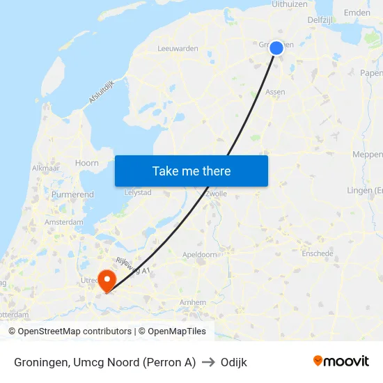 Groningen, Umcg Noord (Perron A) to Odijk map
