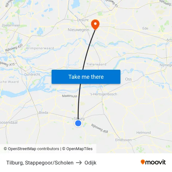 Tilburg, Stappegoor/Scholen to Odijk map