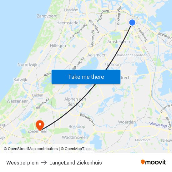 Weesperplein to LangeLand Ziekenhuis map