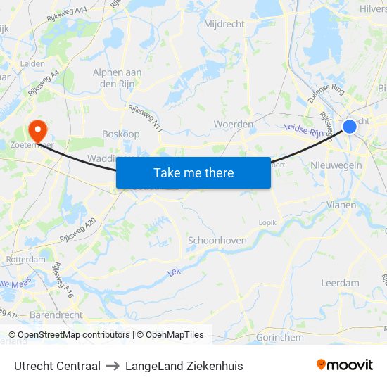 Utrecht Centraal to LangeLand Ziekenhuis map