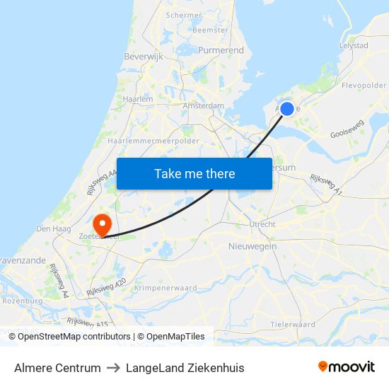 Almere Centrum to LangeLand Ziekenhuis map