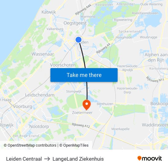Leiden Centraal to LangeLand Ziekenhuis map