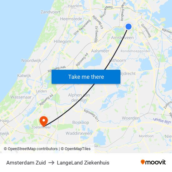 Amsterdam Zuid to LangeLand Ziekenhuis map