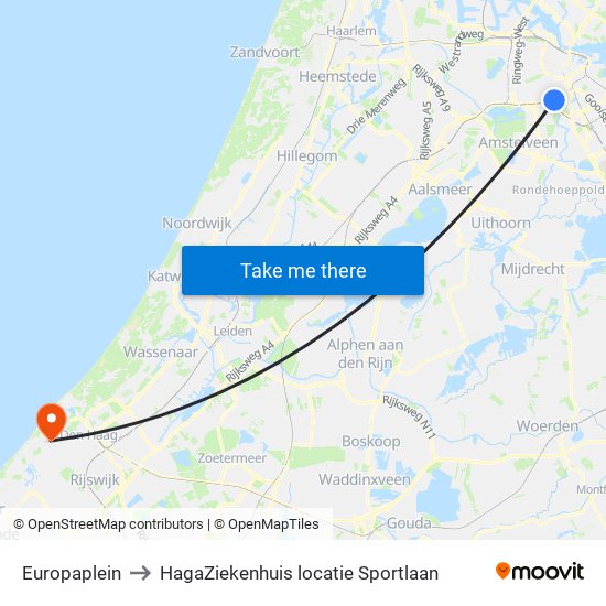 Europaplein to HagaZiekenhuis locatie Sportlaan map