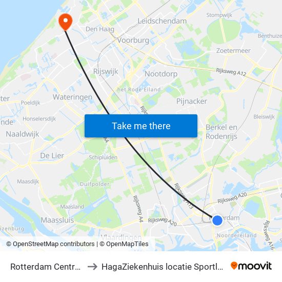 Rotterdam Centraal to HagaZiekenhuis locatie Sportlaan map