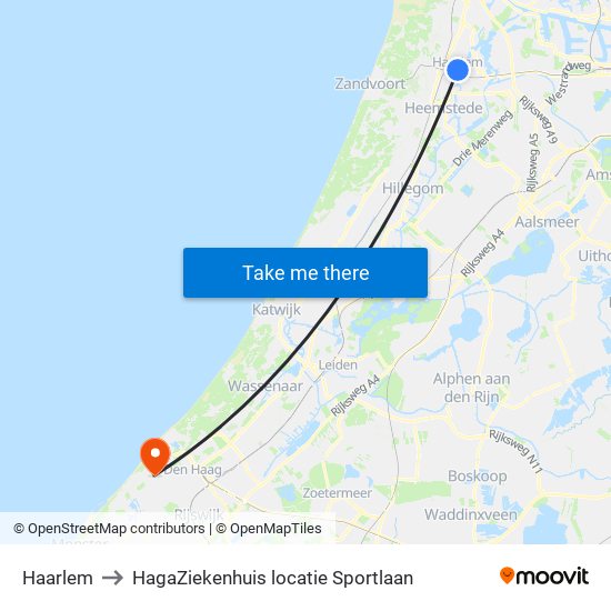 Haarlem to HagaZiekenhuis locatie Sportlaan map