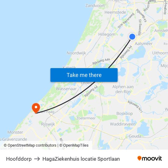 Hoofddorp to HagaZiekenhuis locatie Sportlaan map