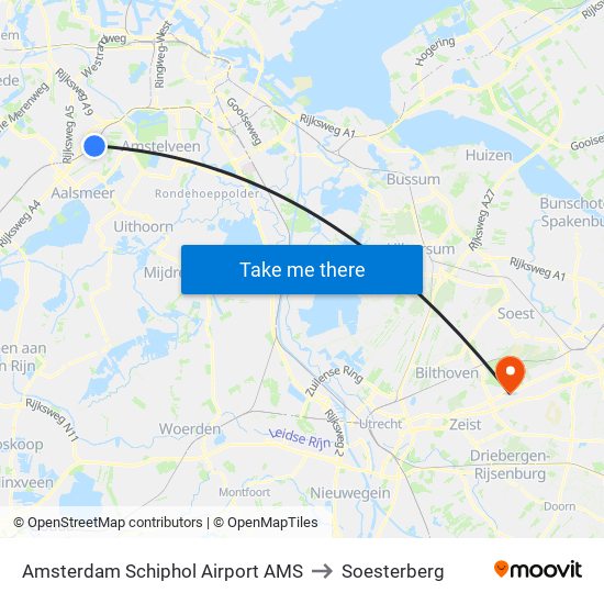 Amsterdam Schiphol Airport AMS to Soesterberg map