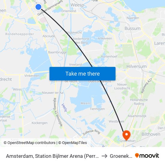 Amsterdam, Station Bijlmer Arena (Perron J) to Groenekan map