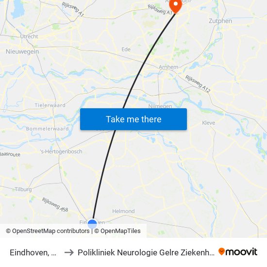 Eindhoven, Station to Polikliniek Neurologie Gelre Ziekenhuis Route 134 map