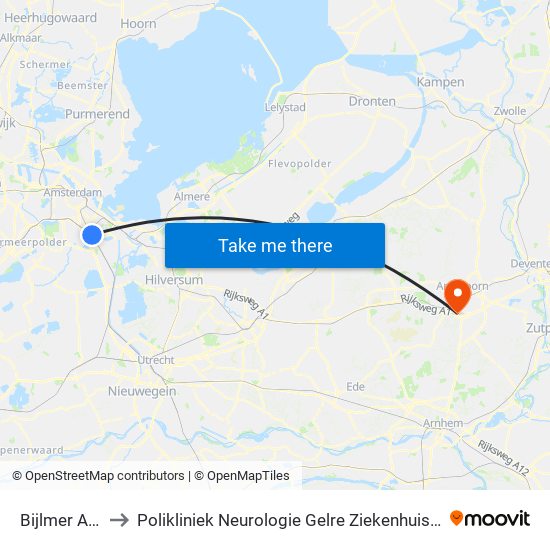 Bijlmer Arena to Polikliniek Neurologie Gelre Ziekenhuis Route 134 map