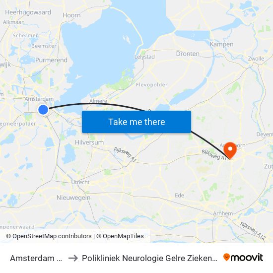 Amsterdam Amstel to Polikliniek Neurologie Gelre Ziekenhuis Route 134 map