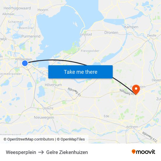 Weesperplein to Gelre Ziekenhuizen map