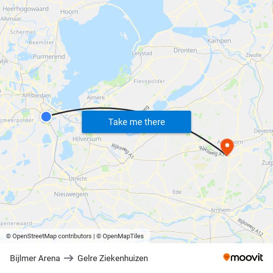 Bijlmer Arena to Gelre Ziekenhuizen map