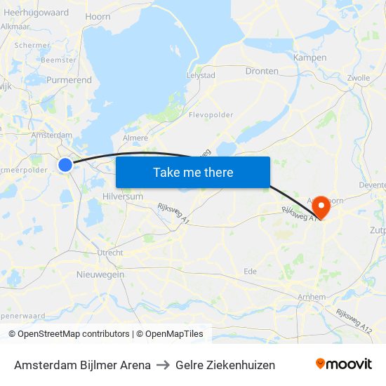 Amsterdam Bijlmer Arena to Gelre Ziekenhuizen map