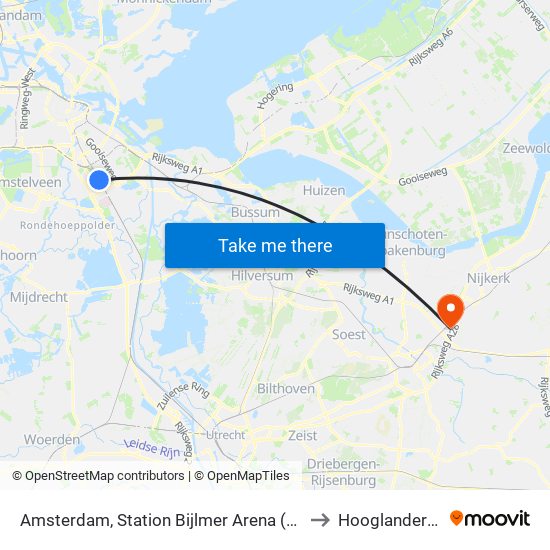 Amsterdam, Station Bijlmer Arena (Perron J) to Hooglanderveen map