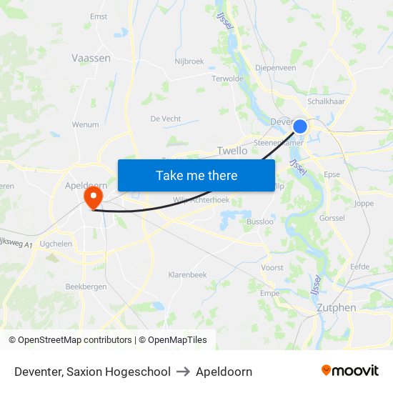 Deventer, Saxion Hogeschool to Apeldoorn map