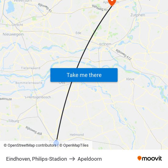 Eindhoven, Philips-Stadion to Apeldoorn map