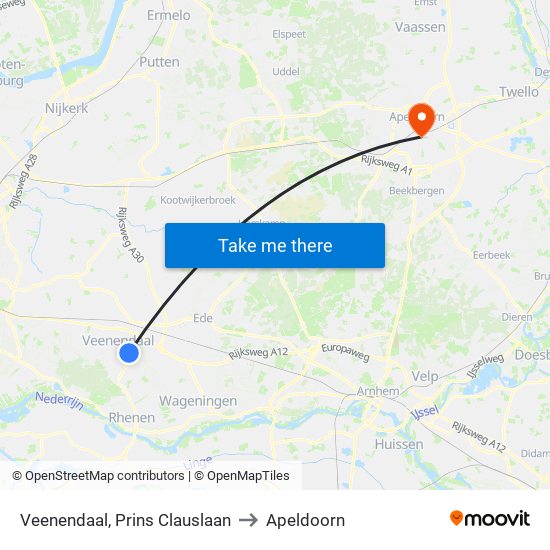 Veenendaal, Prins Clauslaan to Apeldoorn map