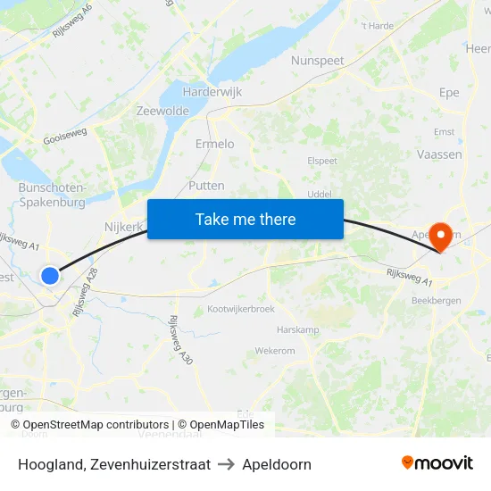 Hoogland, Zevenhuizerstraat to Apeldoorn map