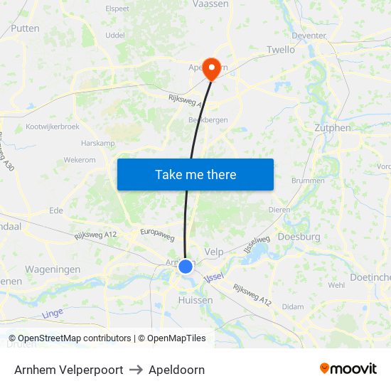 Arnhem Velperpoort to Apeldoorn map