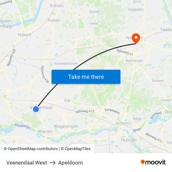 Veenendaal West to Apeldoorn map