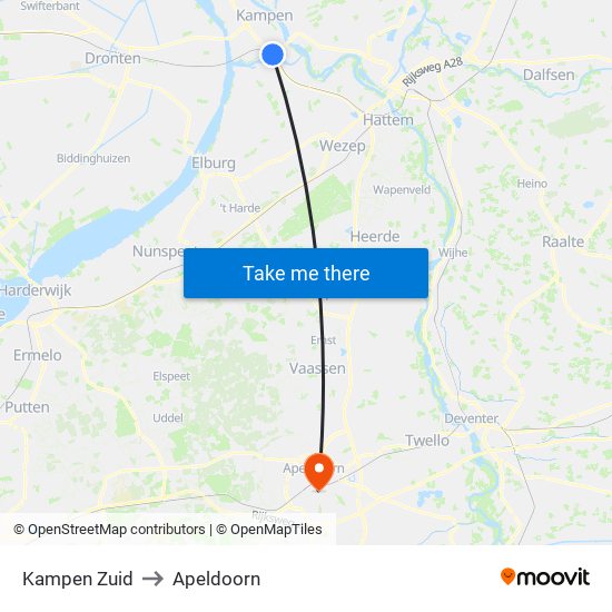 Kampen Zuid to Apeldoorn map