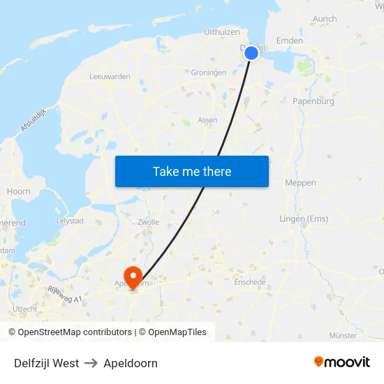 Delfzijl West to Apeldoorn map
