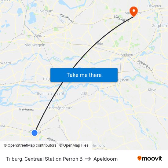 Tilburg, Centraal Station Perron B to Apeldoorn map