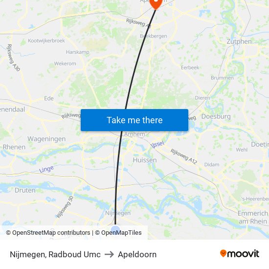 Nijmegen, Radboud Umc to Apeldoorn map