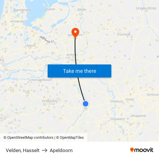 Velden, Hasselt to Apeldoorn map