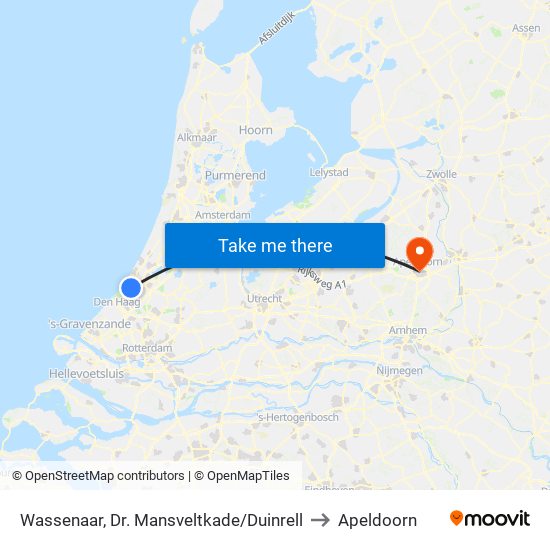 Wassenaar, Dr. Mansveltkade/Duinrell to Apeldoorn map