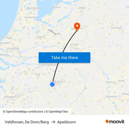 Veldhoven, De Dom/Berg to Apeldoorn map