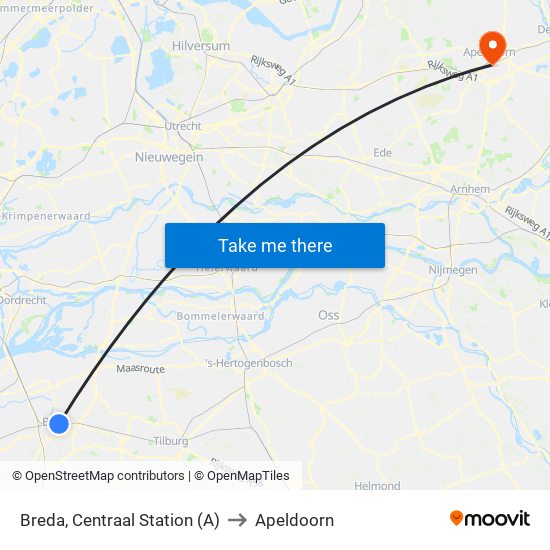 Breda, Centraal Station (A) to Apeldoorn map