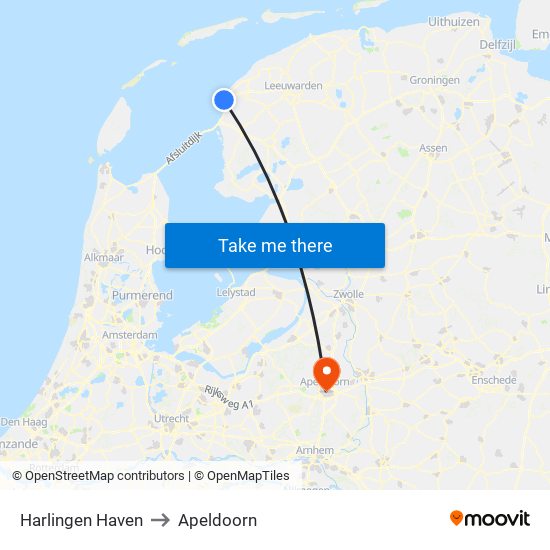 Harlingen Haven to Apeldoorn map