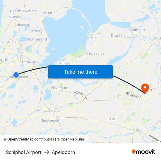 Schiphol Airport to Apeldoorn map