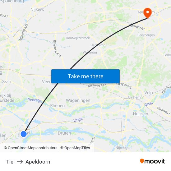 Tiel to Apeldoorn map