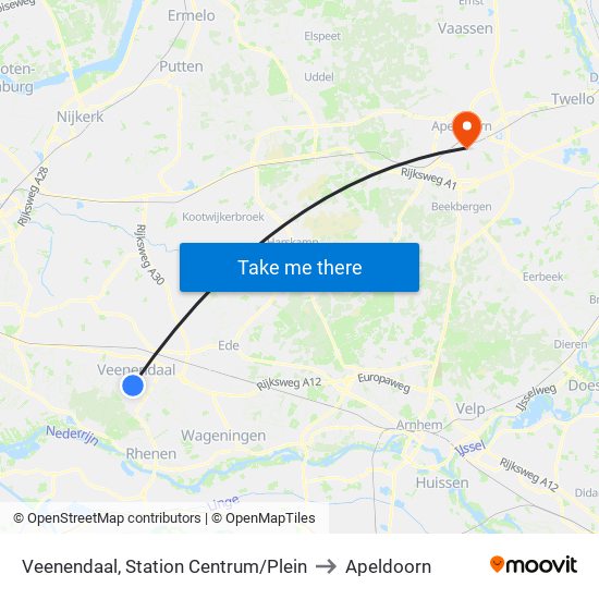 Veenendaal, Station Centrum/Plein to Apeldoorn map