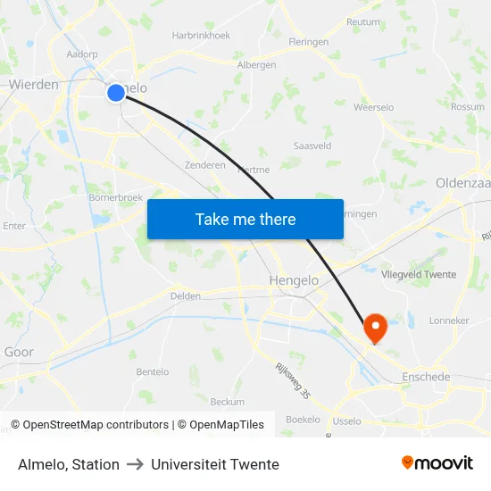 Almelo, Station to Universiteit Twente map