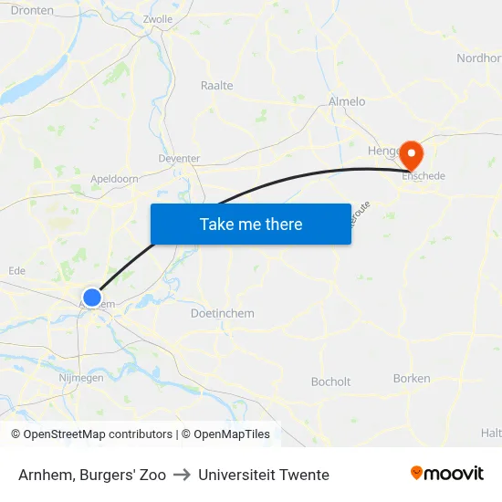 Arnhem, Burgers' Zoo to Universiteit Twente map
