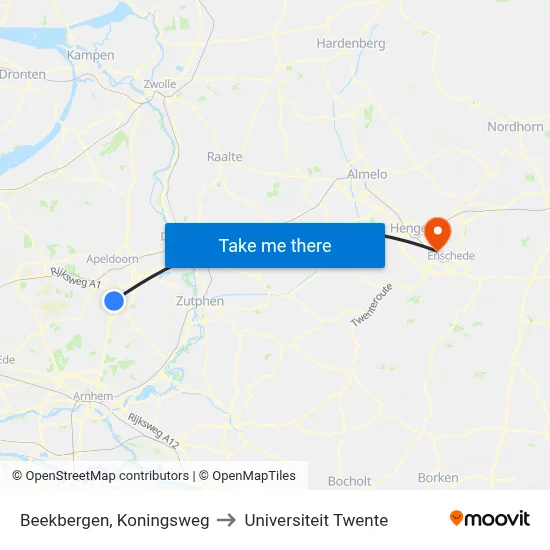 Beekbergen, Koningsweg to Universiteit Twente map