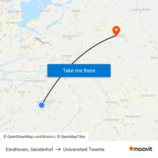 Eindhoven, Genderhof to Universiteit Twente map