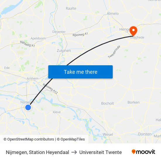 Nijmegen, Station Heyendaal to Universiteit Twente map