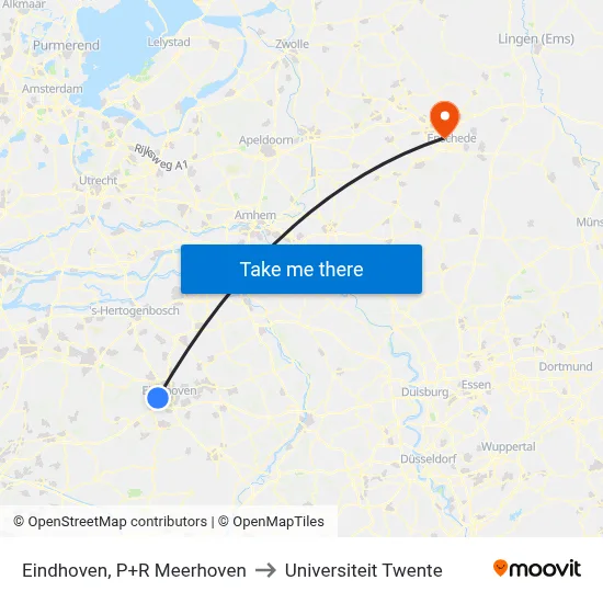 Eindhoven, P+R Meerhoven to Universiteit Twente map