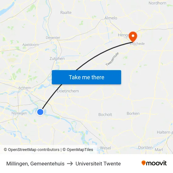 Millingen, Gemeentehuis to Universiteit Twente map