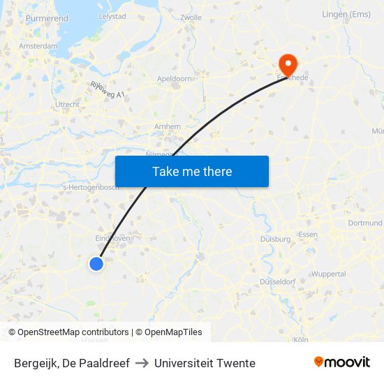Bergeijk, De Paaldreef to Universiteit Twente map