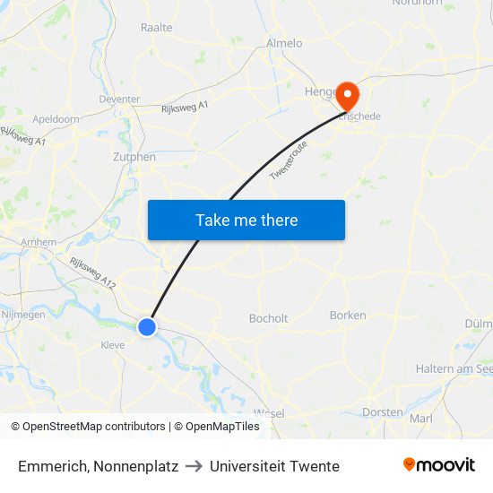Emmerich, Nonnenplatz to Universiteit Twente map