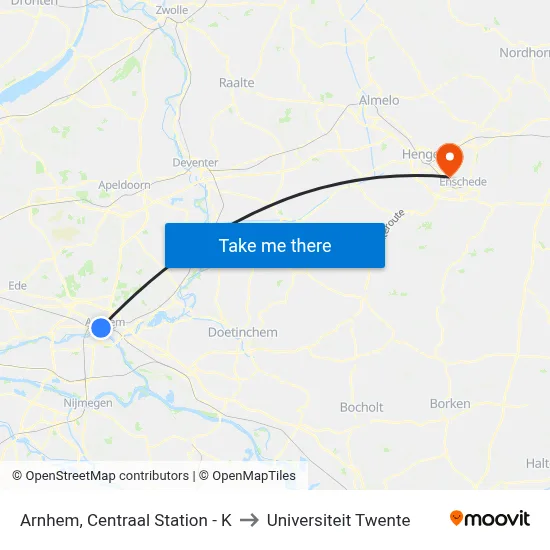 Arnhem, Centraal Station - K to Universiteit Twente map