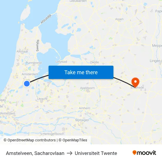 Amstelveen, Sacharovlaan to Universiteit Twente map