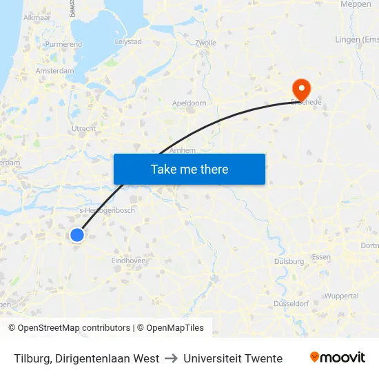 Tilburg, Dirigentenlaan West to Universiteit Twente map